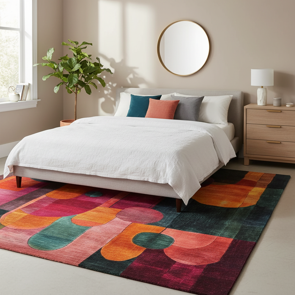 Geometric Odyssey wool hand tufted rug in a bedroom, dark ground with bold rounded shapes in magenta, orange, coral and teal