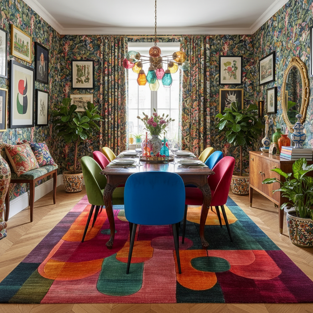 Geometric Odyssey wool hand tufted rug in a dining room, bold rounded geometric blocks in magenta, navy, orange, teal and crimson