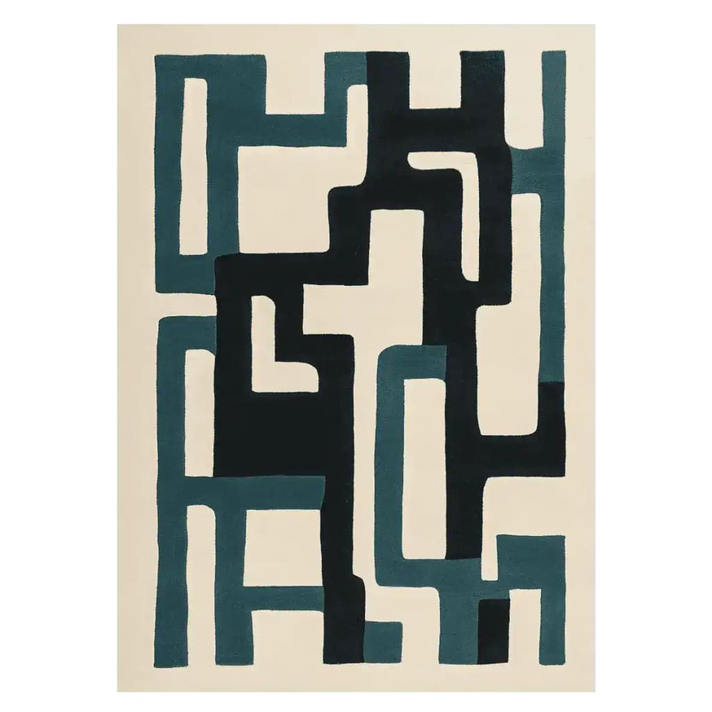 A contemporary area rug featuring a geometric pattern with bold, interconnected shapes in shades of teal and black against a neutral background. This wool rug is perfect for adding a modern touch to your living room decor.
