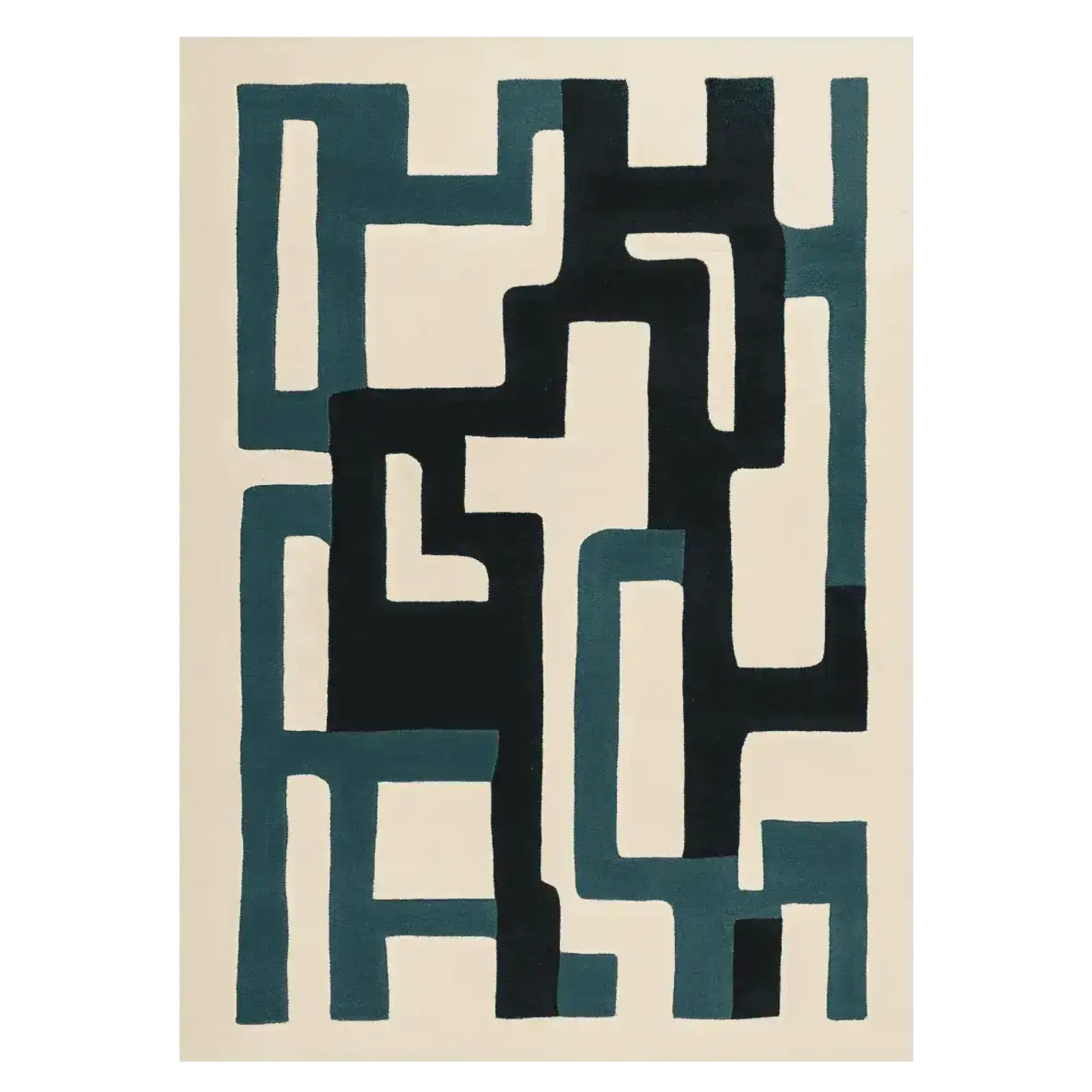 A contemporary area rug featuring a geometric pattern with bold, interconnected shapes in shades of teal and black against a neutral background. This wool rug is perfect for adding a modern touch to your living room decor.