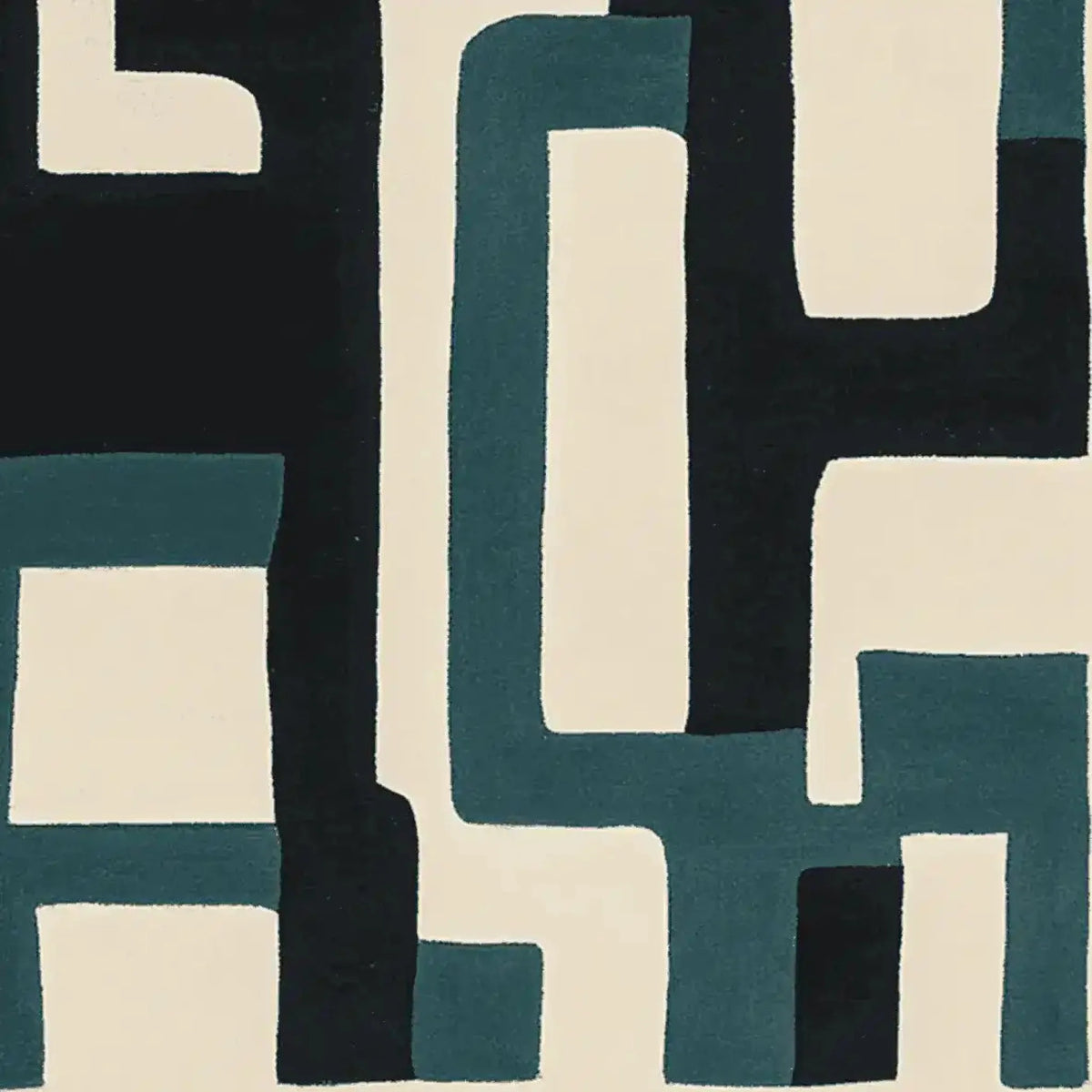 Contemporary area rug with a geometric pattern in black, teal, and cream colors, showcasing a modern abstract design. Ideal wool rug for living rooms seeking a stylish and artistic touch.