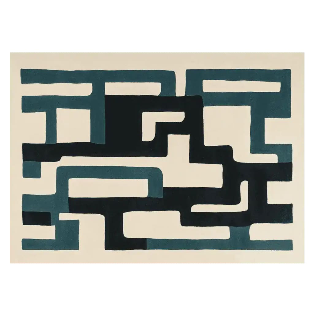 A stylish area rug featuring a geometric pattern in shades of teal and black on a cream background. This contemporary wool rug is perfect for adding a modern touch to living room spaces, combining both elegance and comfort.