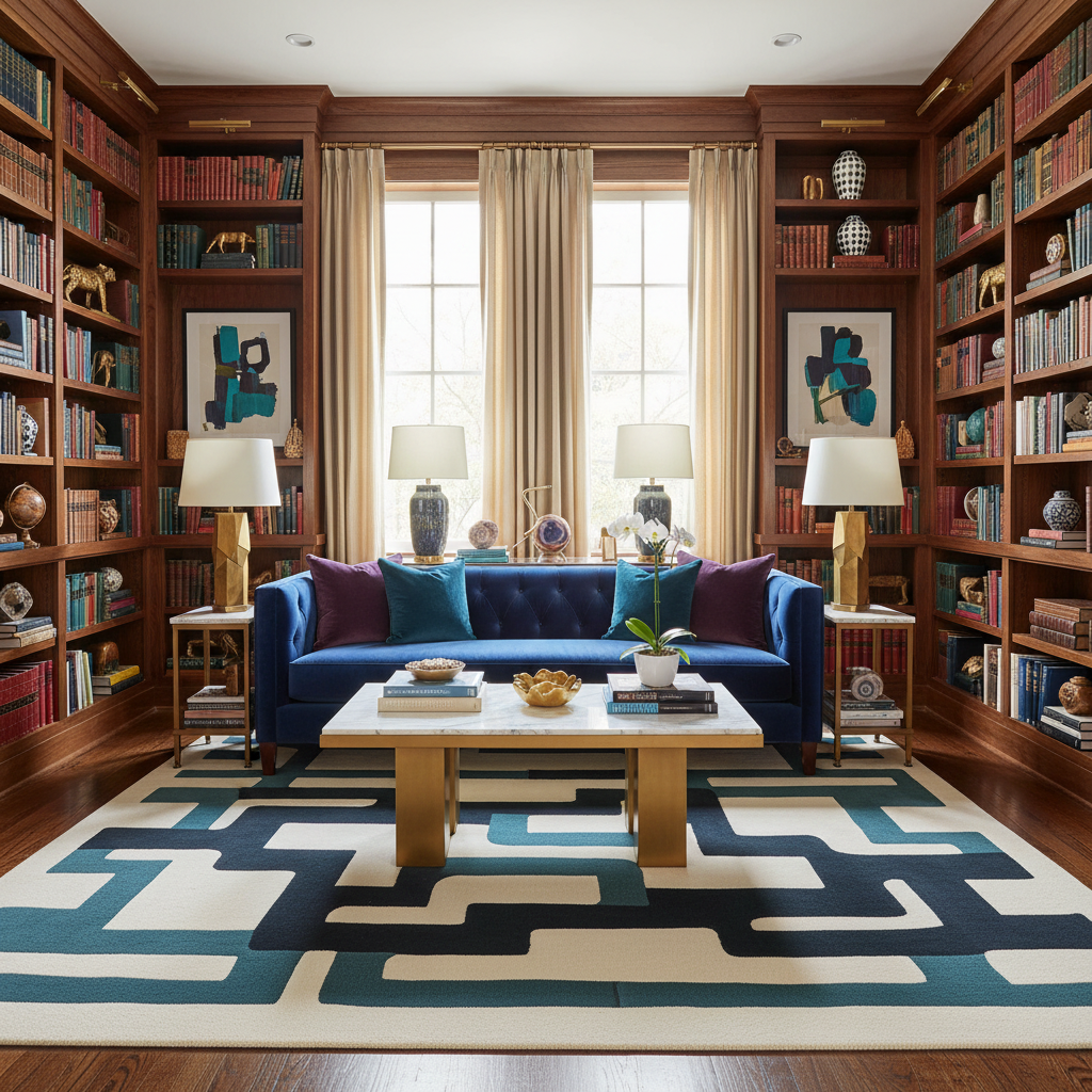 Living room with blue sofa, wooden coffee table, an abstract wool rug, and bookshelves.
