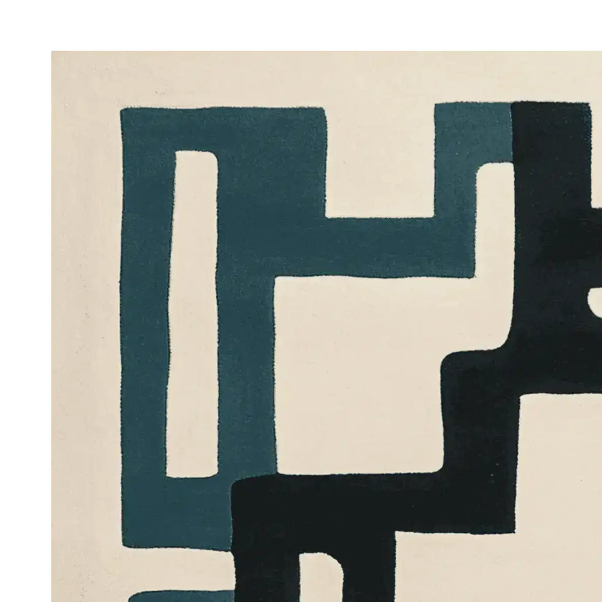 Close-up view of the Geometric Rhythm Flow Hand Tufted Rug, showcasing its modern design with bold geometric patterns in deep blue and black. This area rug, made from high-quality wool, is perfect for adding a contemporary touch to any living room.