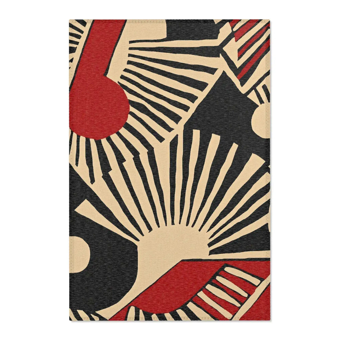 Black cream red radial sunburst patterned Geometric Sunburst Accent Rug with visible fringe at top edge detail
