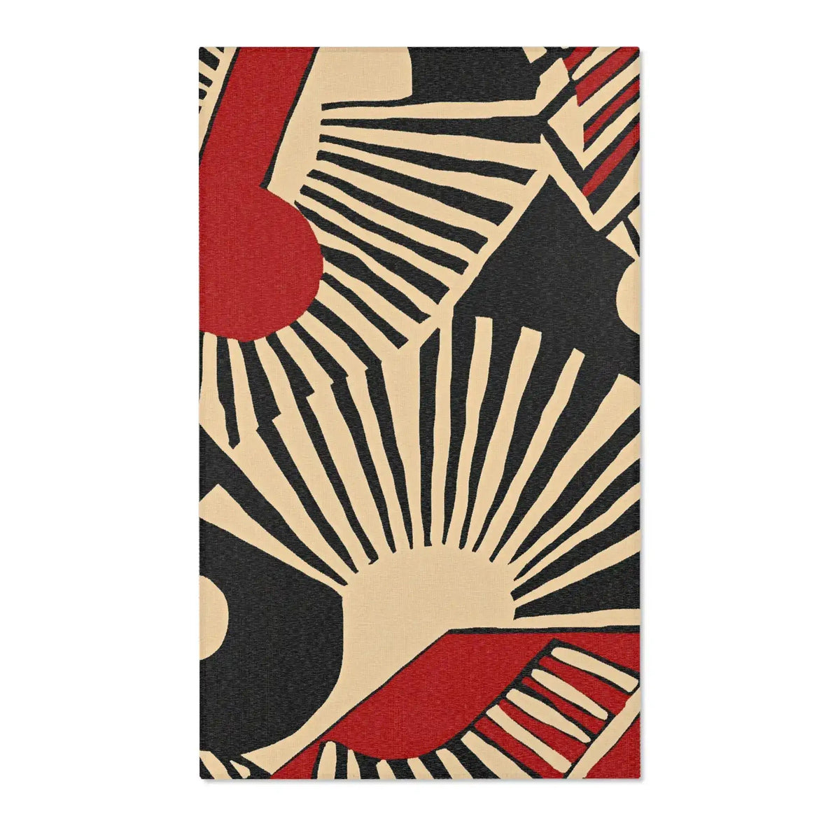 Bold black cream and red sunburst radial geometric Geometric Sunburst Accent Rug flat lay front view