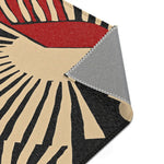 Jigsaw puzzle partially assembled on marble surface with white box showing maximalist room art on Geometric Sunburst Accent Rug