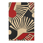 Cream black red Art Deco fan stripe printed Geometric Sunburst Accent Rug lighter colorway flat lay view