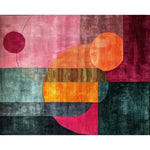A vibrant geometric tapestry hand-tufted wool rug, featuring bold, abstract shapes and colors like pink, orange, and teal. This contemporary area rug, ideal for large living rooms, comes in an 8x10 size, adding a modern touch to any space.