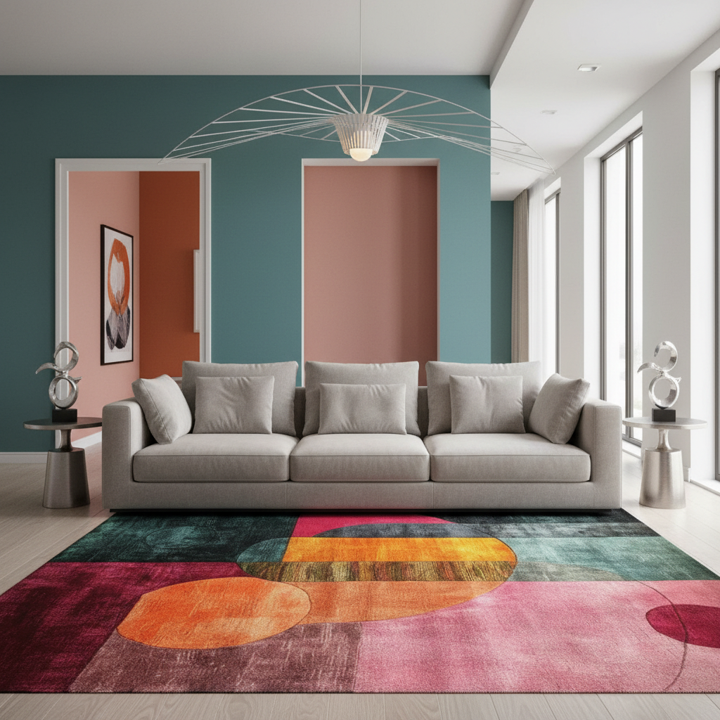 Modern living room with a gray sofa and colorful geometric rug.