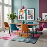 Dining room with colorful chairs and a patterned rug
