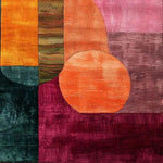 Top view of a vibrant geometric tapestry hand tufted wool rug. This contemporary area rug features bold abstract shapes in shades of orange, pink, and purple, making it an ideal choice for large living rooms. Perfect as a living room rug 8x10, it adds a modern touch to any space, showcasing the beauty of wool rugs in a stylish, artistic design.