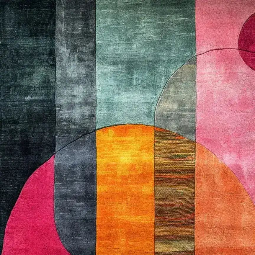 A vibrant geometric tapestry hand-tufted wool rug, perfect as a large area rug for the living room. This contemporary rug features bold colors and abstract shapes, ideal for adding a modern touch to your living space. The rug's 8x10 size makes it an excellent choice for area rugs in the living room, combining style and comfort with its wool texture.