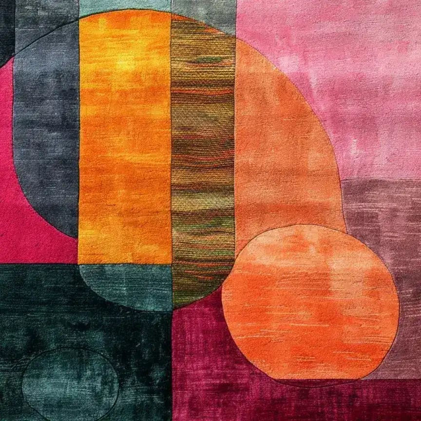 A vibrant geometric tapestry hand-tufted wool rug, ideal for contemporary living rooms. This large area rug features bold colors and abstract shapes, perfect for adding a modern touch to your space. Suitable for living room rugs 8x10, this wool rug combines artistry with comfort.