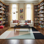 Living room with a white sofa, colorful pillows, an abstract wool rug, and bookshelves.