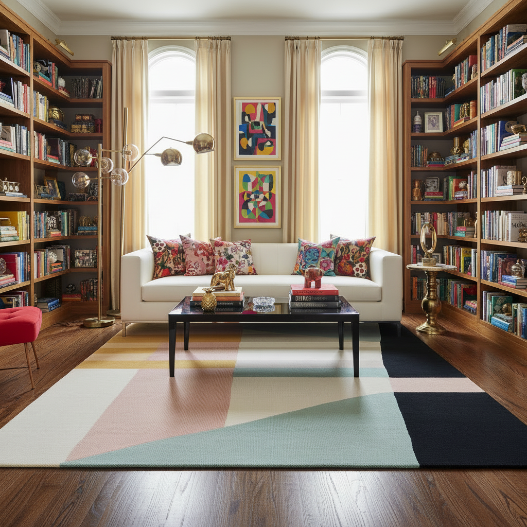 Living room with a white sofa, colorful pillows, an abstract wool rug, and bookshelves.
