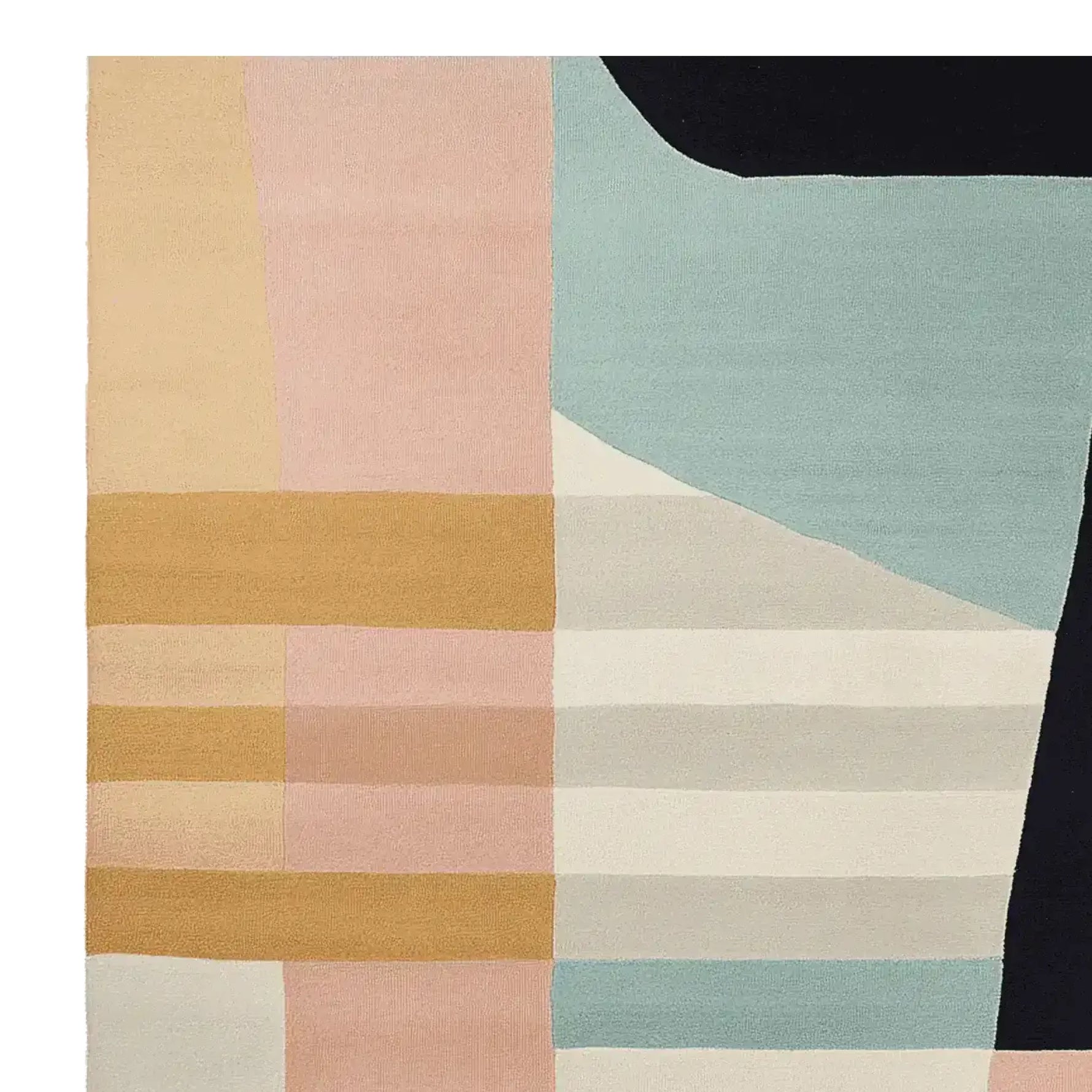 A contemporary area rug with an abstract geometric design featuring soft pastel colors, ideal for large living rooms. This wool rug showcases a blend of light blue, pink, beige, and tan hues, perfect for adding a modern touch to your living space.