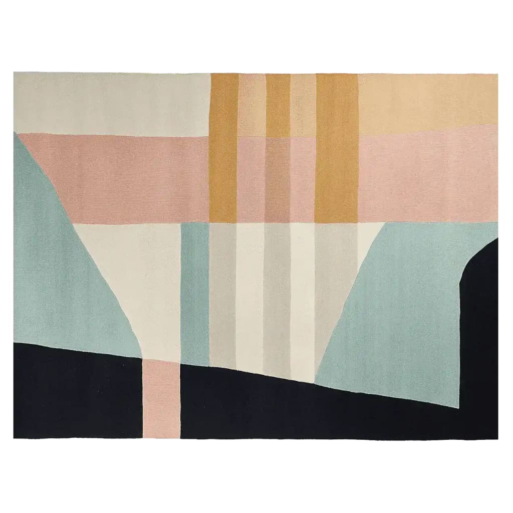 A contemporary area rug featuring a geometric design with pastel colors in pink, blue, and mustard. This wool rug is perfect for large living rooms, adding an artistic touch to any space. Ideal for those seeking stylish area rugs for living room decor.