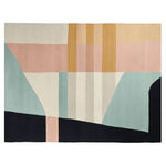 A contemporary area rug featuring a geometric design with pastel colors in pink, blue, and mustard. This wool rug is perfect for large living rooms, adding an artistic touch to any space. Ideal for those seeking stylish area rugs for living room decor.