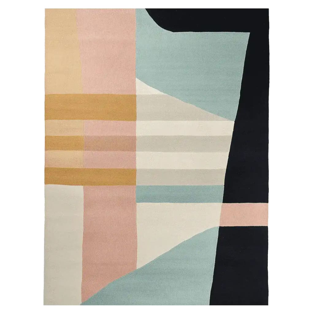 Top view of a contemporary hand tufted area rug featuring an abstract geometric design with pastel colors including peach, teal, and mustard. Ideal for adding a modern touch to large living rooms, this wool rug combines style and comfort.