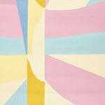 A contemporary area rug featuring a pastel geometric design with soft shades of pink, blue, yellow, and cream. This wool rug is perfect for adding a touch of modern elegance to living room spaces.