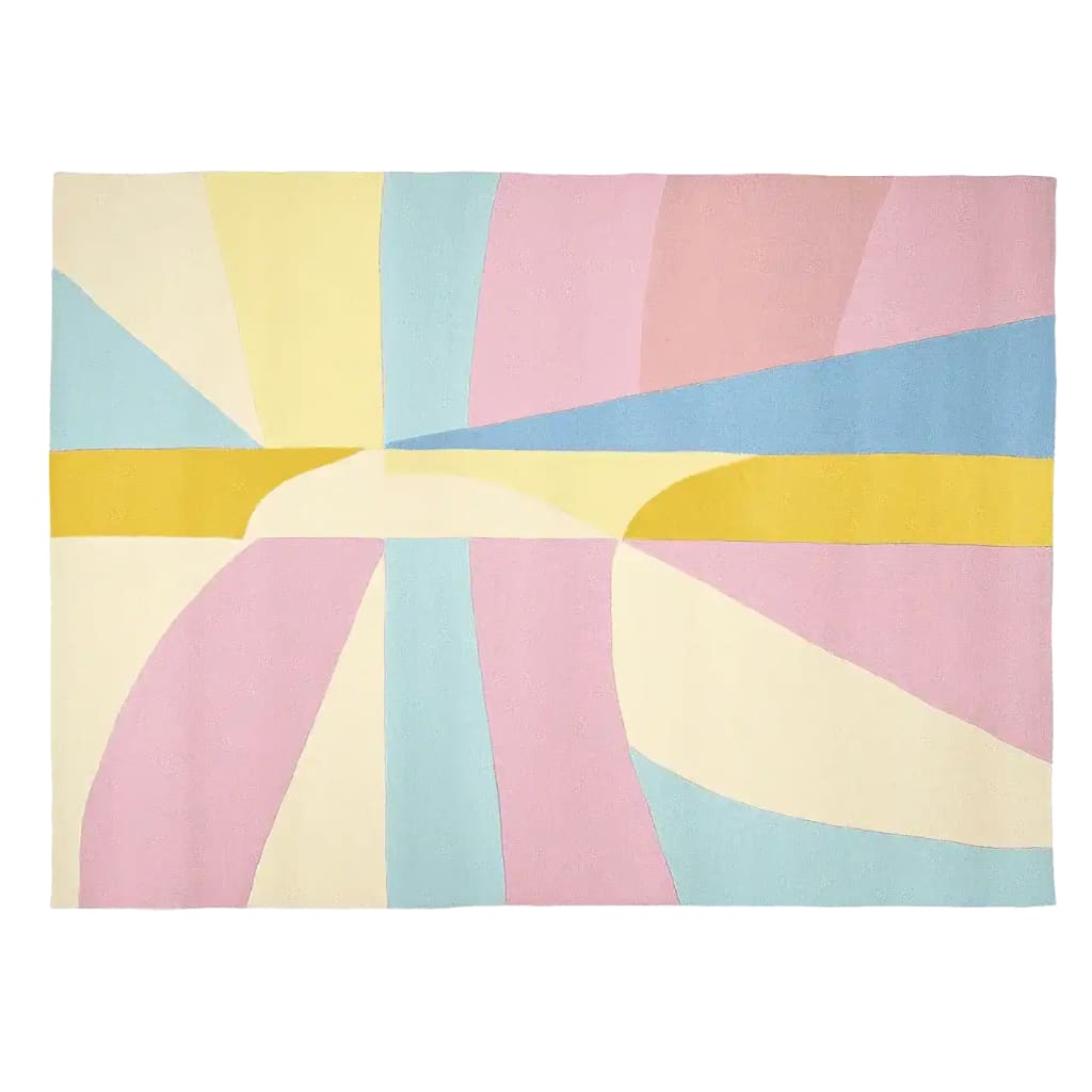 This vibrant area rug features a hand-tufted design in pastel shades of yellow, pink, and blue, making it an ideal contemporary rug for brightening up any living room. Crafted from wool, this colorful rug combines abstract geometry with soft textures, perfect for those seeking stylish and modern living room area rugs.