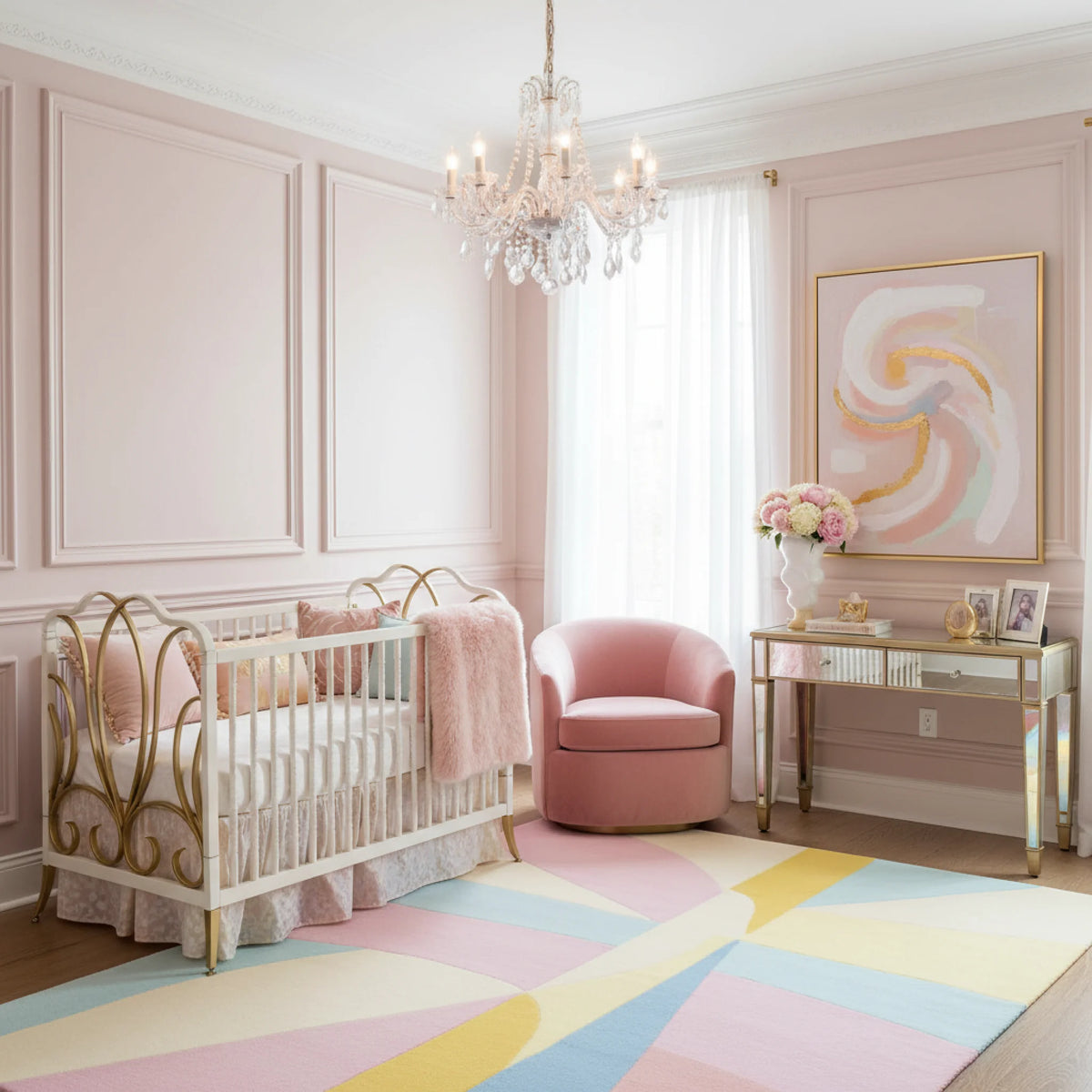 Elegant nursery with a crib, chair, and a contemporary wool rug, abstract art on a wall.