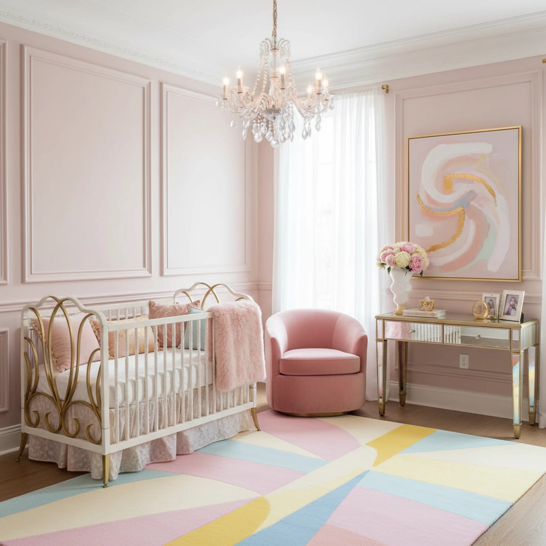 Elegant nursery with a crib, chair, and a contemporary wool rug, abstract art on a wall.