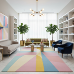 Modern living room with a colorful geometric rug, comfortable furniture, a contemporary wool rug, and decorative elements.