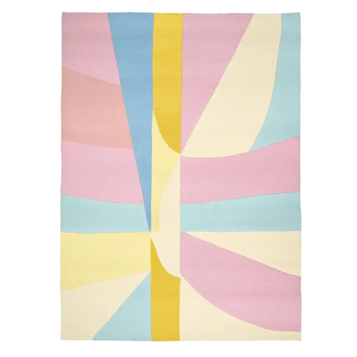 A vibrant and contemporary area rug featuring an abstract design in pastel colors including pink, blue, yellow, and cream. This hand-tufted wool rug is perfect for adding a touch of modern style to living room area rugs collections, offering a soft and stylish accent for any space.