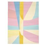 A vibrant and contemporary area rug featuring an abstract design in pastel colors including pink, blue, yellow, and cream. This hand-tufted wool rug is perfect for adding a touch of modern style to living room area rugs collections, offering a soft and stylish accent for any space.