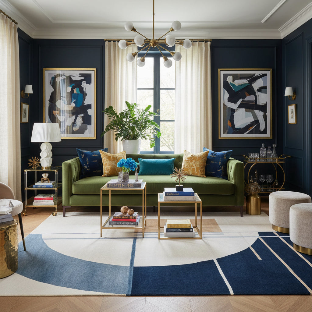 A contemporary area rug titled 'Geometry of Stillness Hand Tufted Rug' featuring an abstract design with a combination of beige, navy, and grey colors. This wool rug showcases geometric shapes with a large circular pattern, perfect for a modern living room setting. Ideal as a large living room rug, adding a stylish and calming touch to any space.