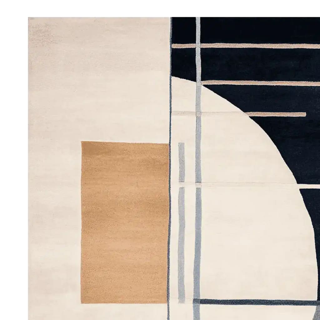 Top view of the 'Geometry of Stillness Hand Tufted Rug', a contemporary area rug made from high-quality wool. This large living room rug features an abstract design with bold geometric shapes in beige, tan, and navy, making it an elegant addition to any modern space.
