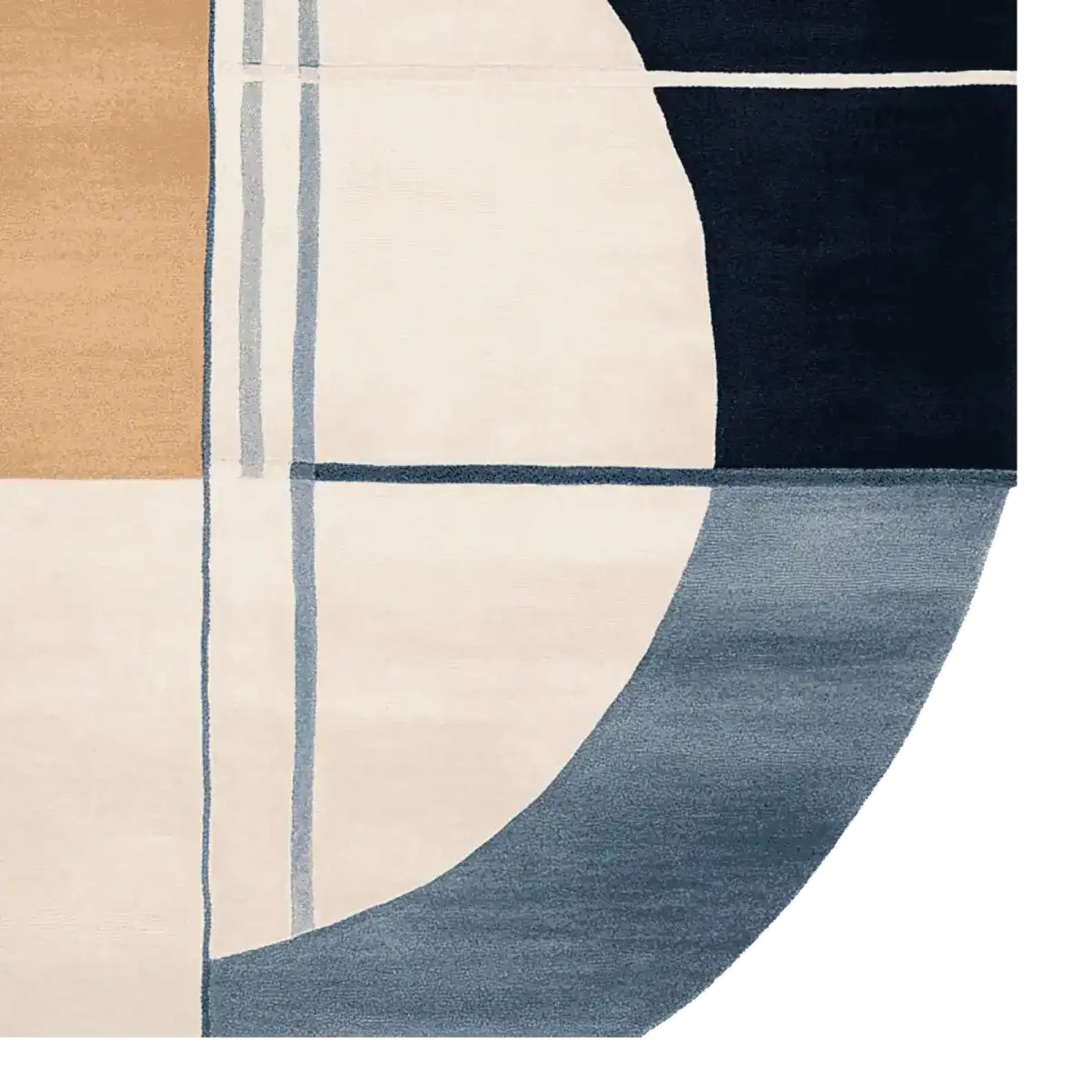 Close-up of a contemporary area rug featuring an abstract geometric design in shades of blue, beige, and cream. This wool rug is perfect for large living rooms, adding a touch of modern elegance to any space. Ideal for those seeking stylish rugs for living room decor.