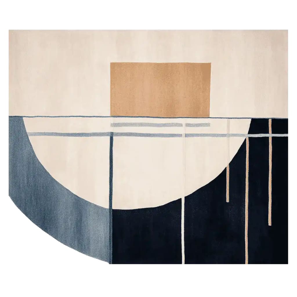 A contemporary area rug showcasing an abstract geometric design with a blend of beige, blue, and dark tones. This wool rug is perfect for large living rooms, adding a touch of modern elegance. The hand-tufted texture enhances its luxurious feel, making it an ideal choice for rugs in the living room.