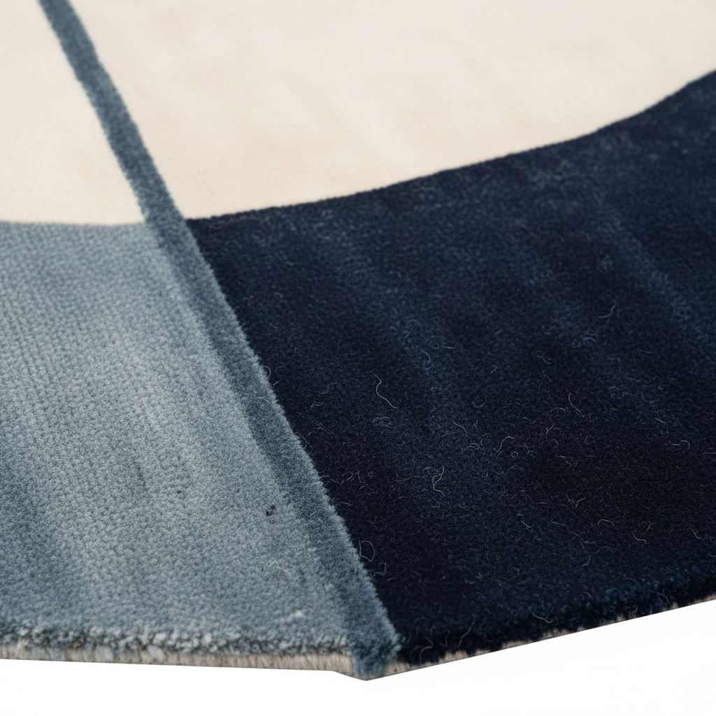 Close-up of a blue and gray checkered rug with a white background