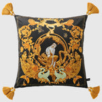 Gilded Baroque throw pillow featuring intricate golden floral designs and tassels, perfect for home decor.