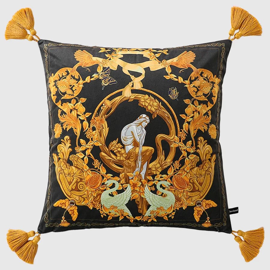 Gilded Baroque throw pillow featuring intricate golden floral designs and tassels, perfect for home decor.