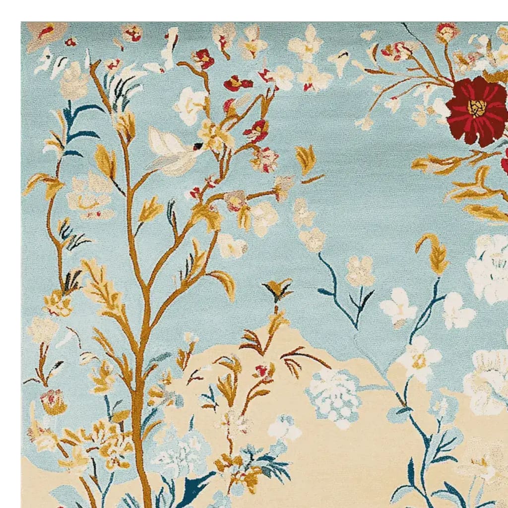 This enchanting area rug features a vibrant floral design set against a soft, sky-blue background. Made from high-quality wool, this large living room rug offers both style and comfort, perfect for adding a touch of elegance to your space.