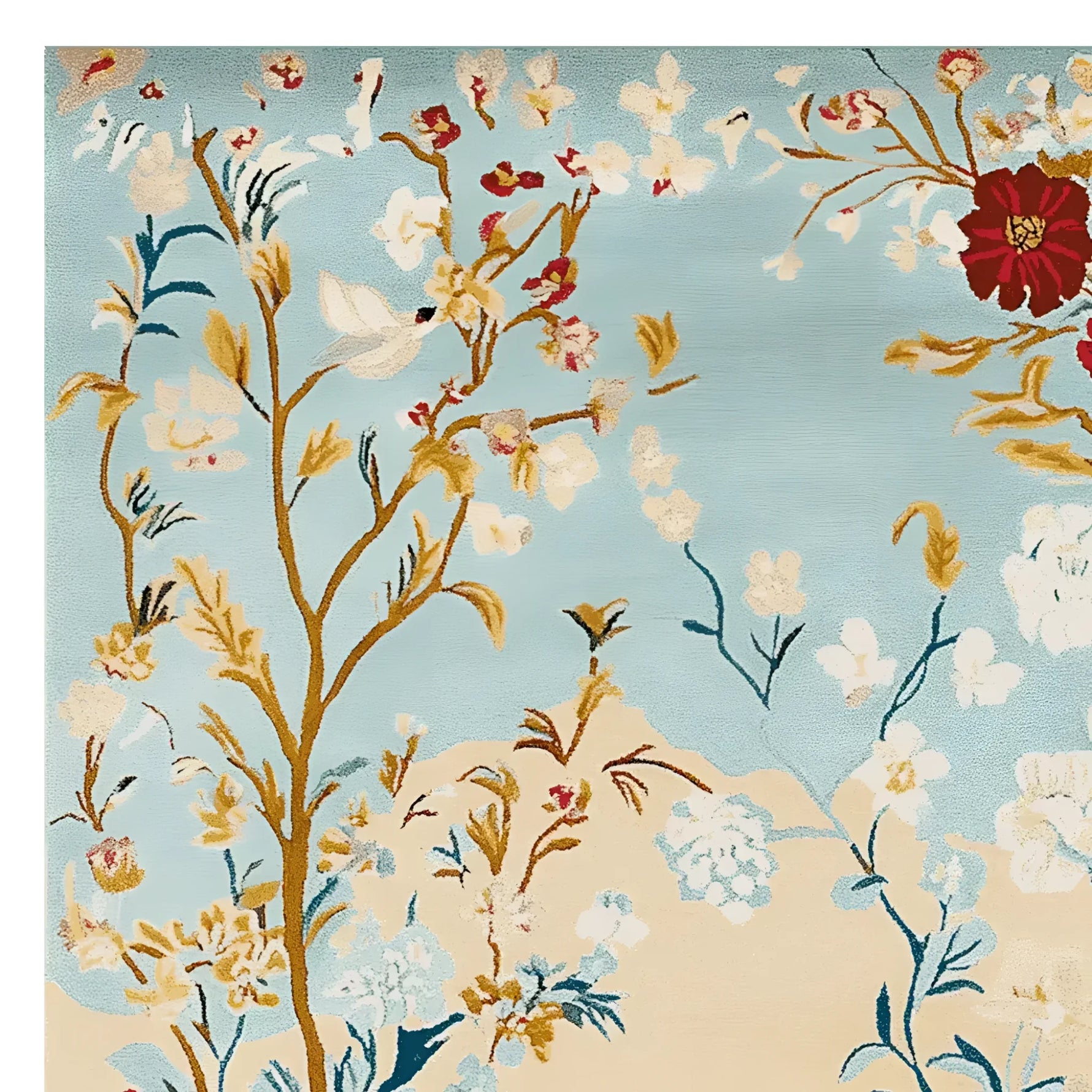 This enchanting area rug features a vibrant floral design set against a soft, sky-blue background. Made from high-quality wool, this large living room rug offers both style and comfort, perfect for adding a touch of elegance to your space.