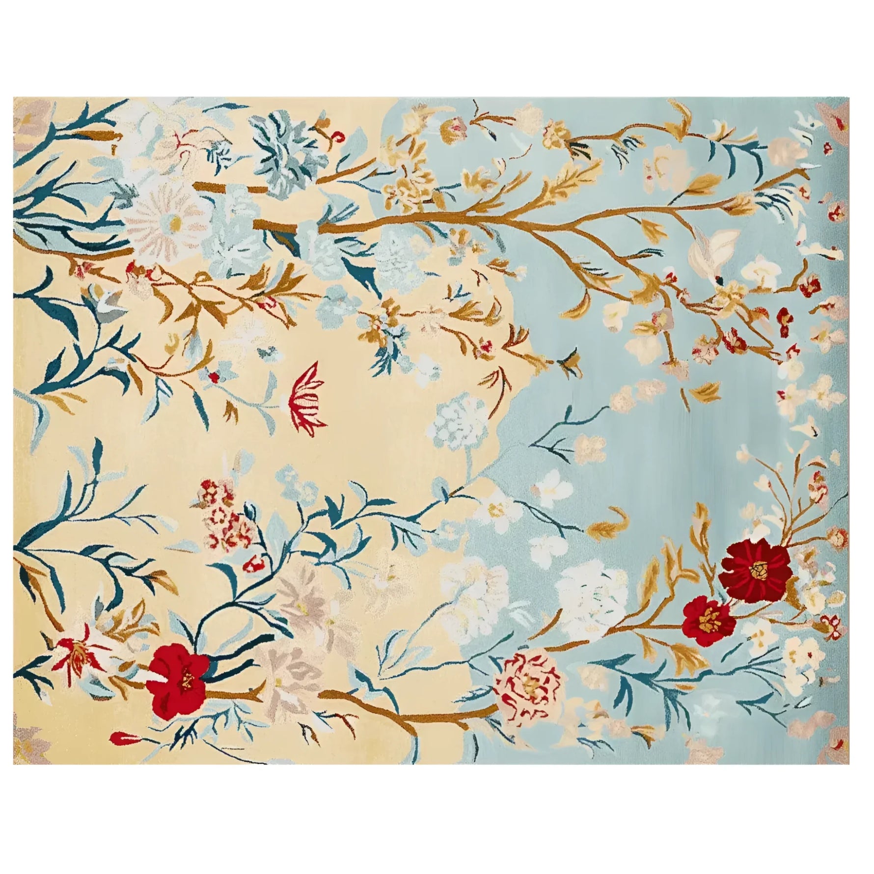Top view of a Gilded Bloom Breeze Hand Tufted Area Rug, showcasing an elegant floral design with vibrant red and white blossoms on a background of soft blue and beige hues. This wool rug adds a touch of sophistication to large living room spaces.