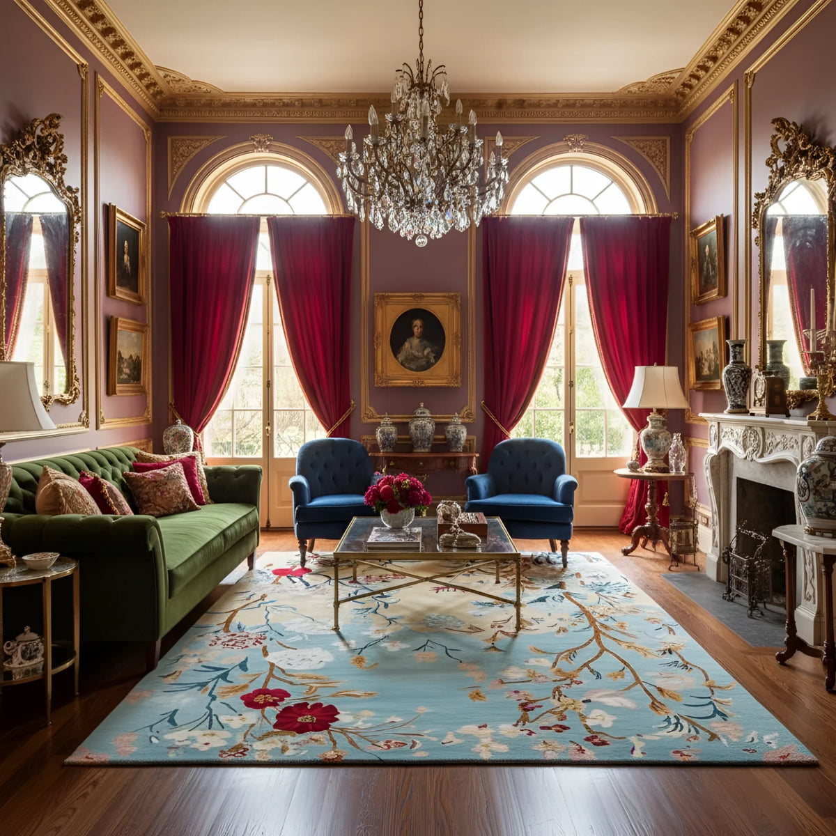 Luxurious living room with green sofa, blue armchairs, and decorative rug.