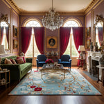 Luxurious living room with green sofa, blue armchairs, and decorative rug.