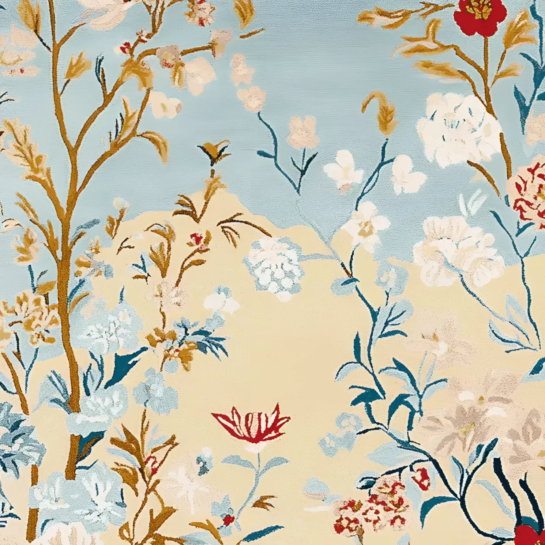 A beautifully designed area rug featuring a hand-tufted wool pattern with vibrant floral motifs in shades of blue, red, and beige. Ideal for large living rooms, this elegant wool rug adds a touch of nature-inspired art to any space.