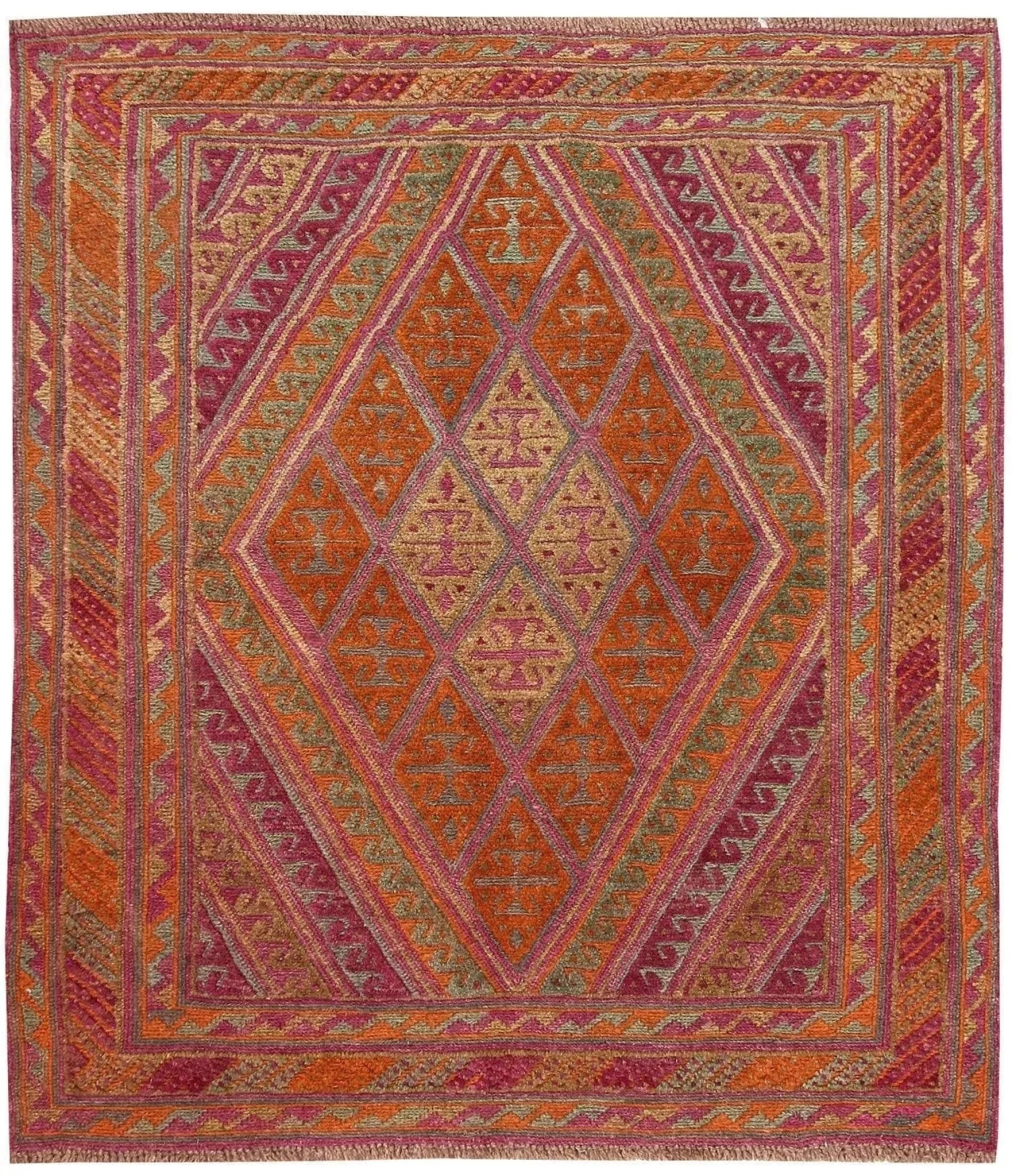 Vibrant hand-knotted area rug featuring intricate geometric patterns in shades of orange, pink, and gold. Perfect for adding a touch of elegance to your living space, this rug is ideal for those seeking stylish rugs for living room. Its 8x10 size makes it a great fit for larger spaces.