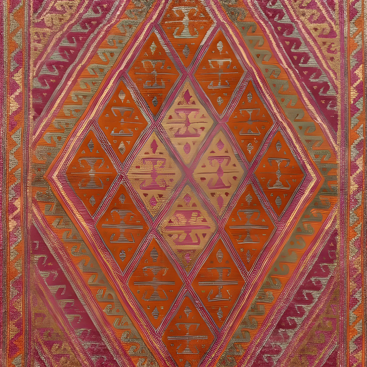 The Gilded Citrus Diamonds Hand Knotted Area Rug showcases a vibrant geometric pattern with intricate diamond shapes in warm hues of orange, pink, and gold. Perfect for adding a splash of color to your space, this rug is ideal for those seeking rugs for living room settings or an 8x10 living room rug to enhance their home decor.