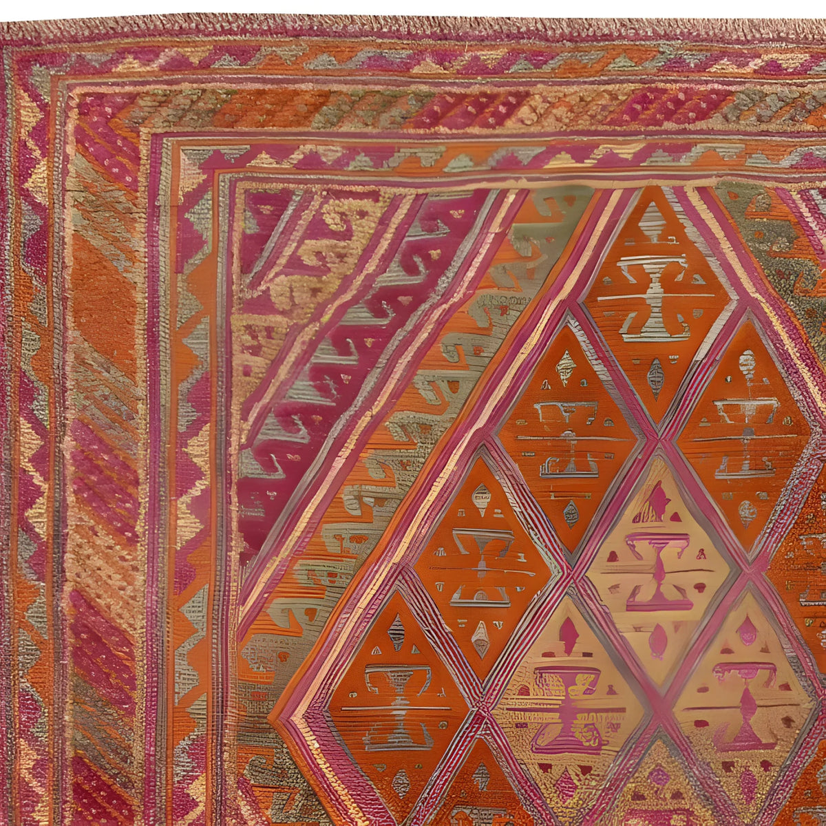 A close-up view of the Gilded Citrus Diamonds Hand Knotted Area Rug, showcasing intricate geometric patterns in vibrant orange, pink, and purple hues. Ideal as a centerpiece for rugs for living room, this 8x10 living room rug brings warmth and style to any space.