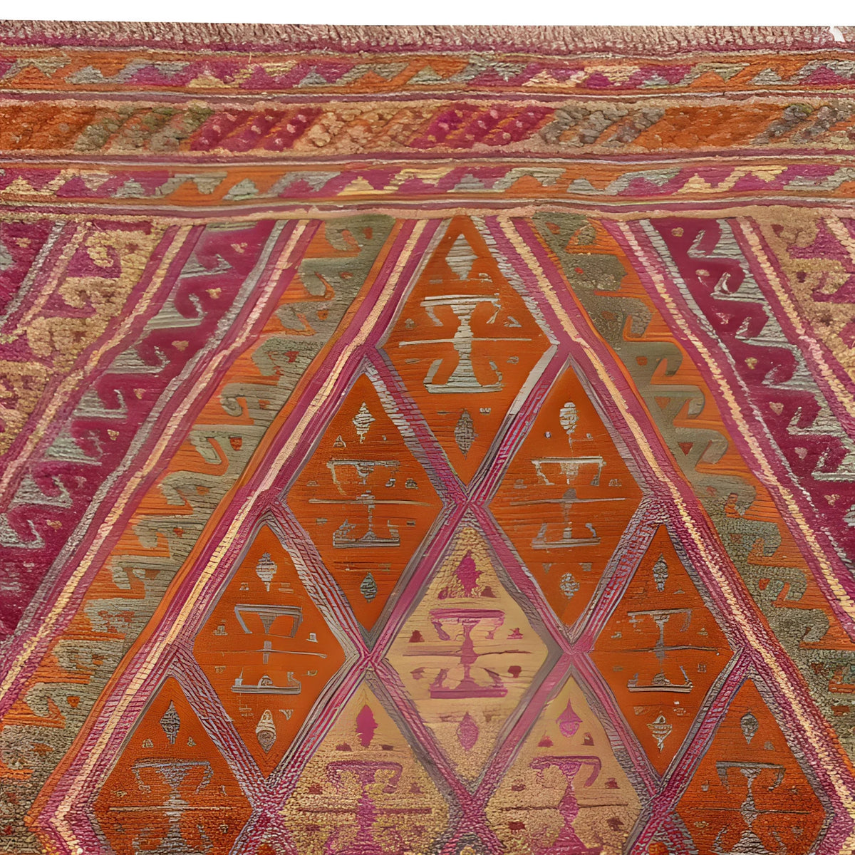A vibrant Gilded Citrus Diamonds Hand Knotted Area Rug featuring an intricate geometric pattern in shades of orange, pink, and green. Perfect for adding a splash of color to your living room, this 8x10 rug combines traditional craftsmanship with modern design.