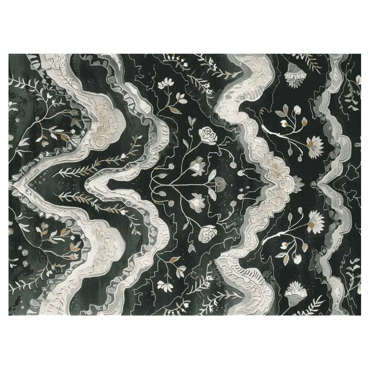 This elegant area rug features a hand-tufted design with intricate floral patterns on a dark background. Ideal for adding a touch of sophistication to your living room, this wool rug measures 8x10 and is perfect for those seeking stylish rugs for living room decor.