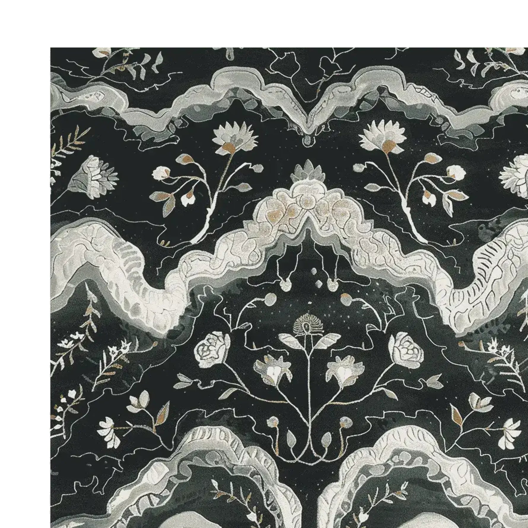 Close-up view of a Gilded Floral Current Hand Tufted Area Rug, featuring intricate floral patterns in soft tones on a dark background. Ideal for those seeking elegant wool rugs as living room rugs 8x10, perfect as floral rugs for living rooms.